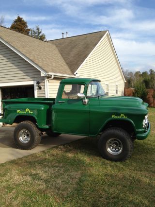 On Green 1957 Chevy,  Step Side,  4x4,  Old 90% Antique,  Truck photo