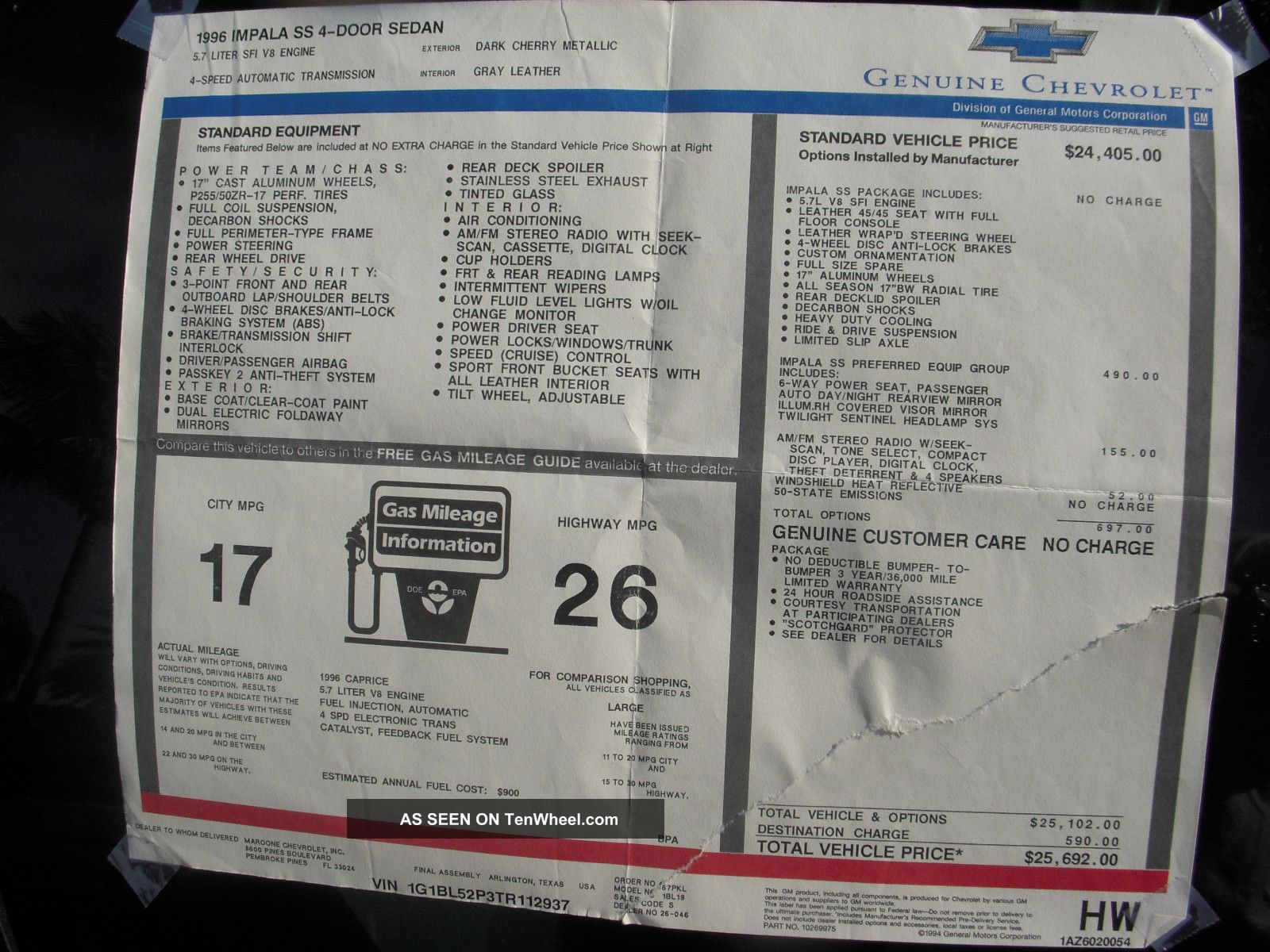 1996 Chevrolet Impala Ss Sedan 4 Door 5 7l